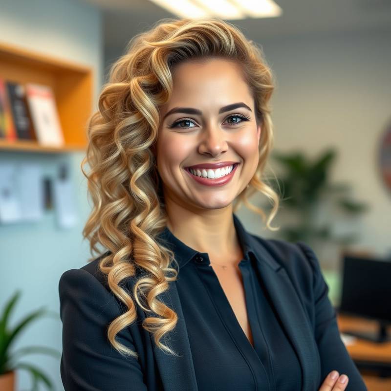Image of Elena Rodriguez, a woman with curly blonde hair, smiling brightly in a professional setting, presumably an office or conference.