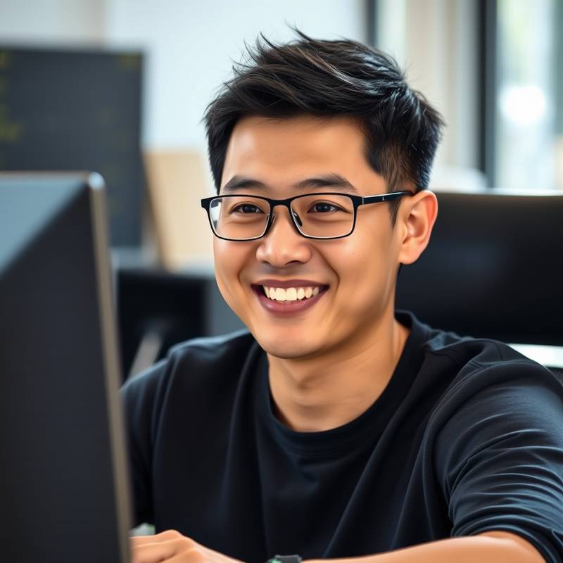 Photo of David Chen, a man in his late 30s with short black hair, smiling confidently while standing in front of a computer screen showcasing code.