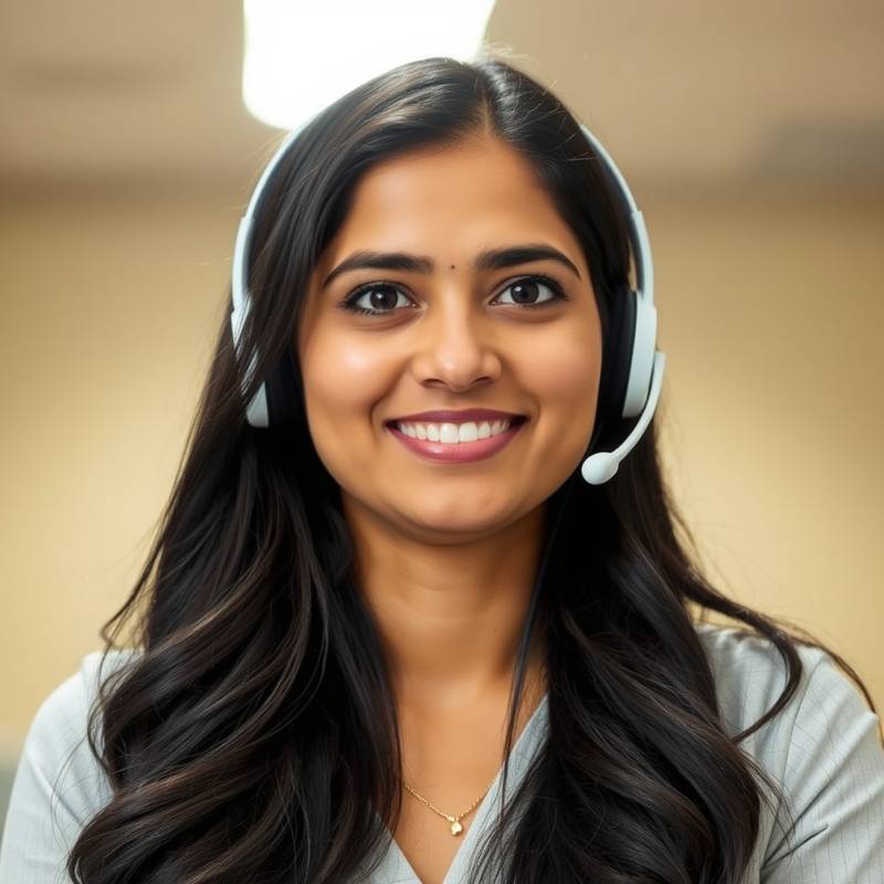 Photo of Priya Sharma, a friendly woman with long dark hair wearing a headset, giving a webinar or online presentation on data analysis.